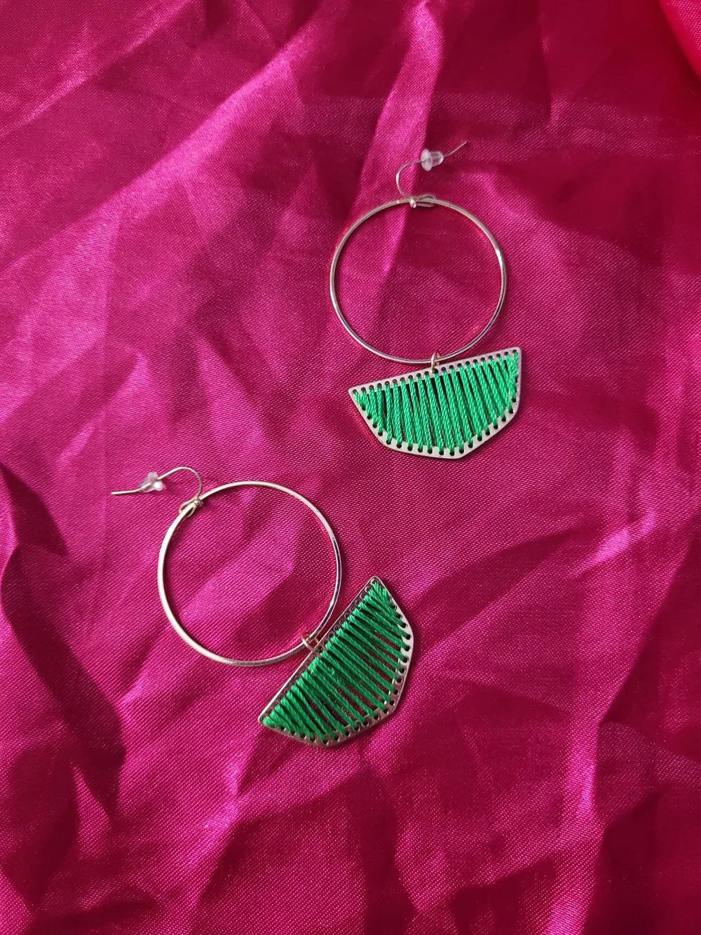 Handwoven Green Hoop Drop Earrings